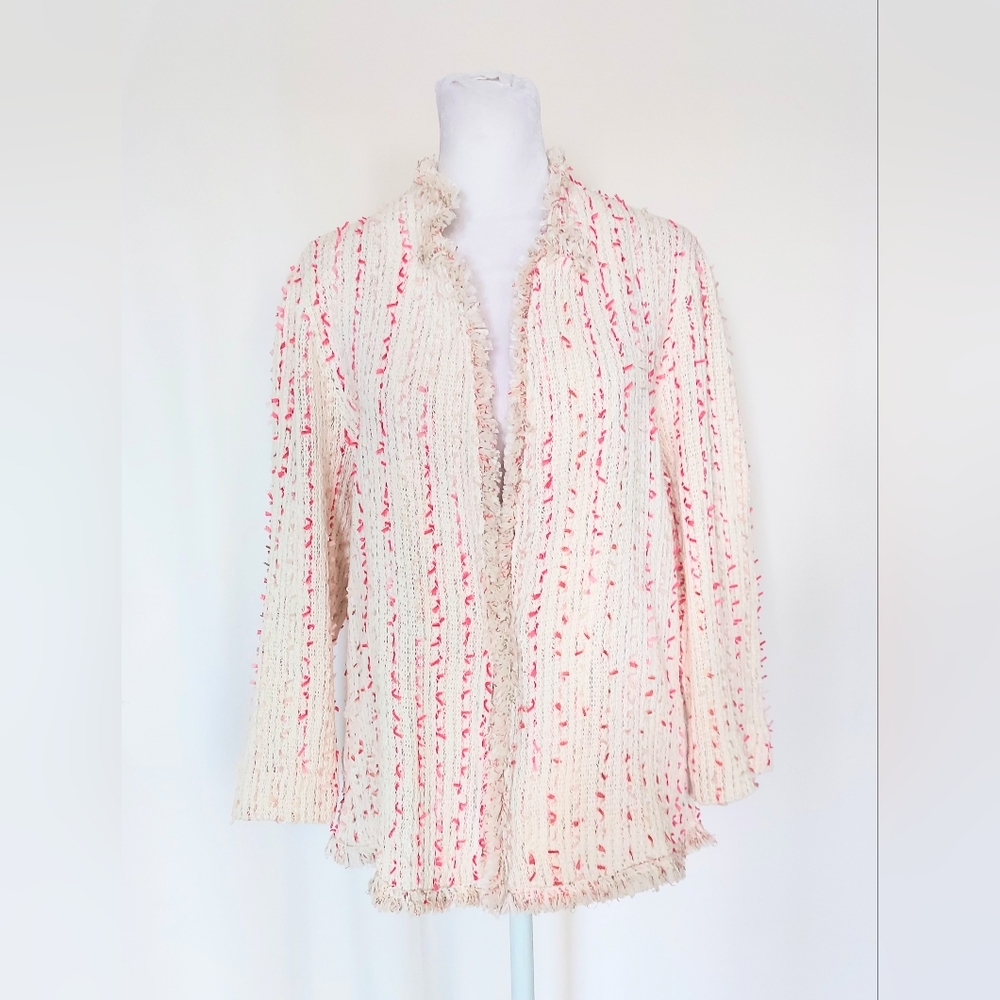 NIC+ZOE Textured Fringe Tweed Blazer Jacket Ivory Pink Size Large